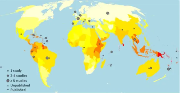 Figure  1.  Leptospirosis  incidence  by  country.  The  color  represents  annual  cases  per  100,000 population from white (0 – 3), yellow (7 – 10), orange (20 – 25) to red (over  100) (Costa et al., 2015)