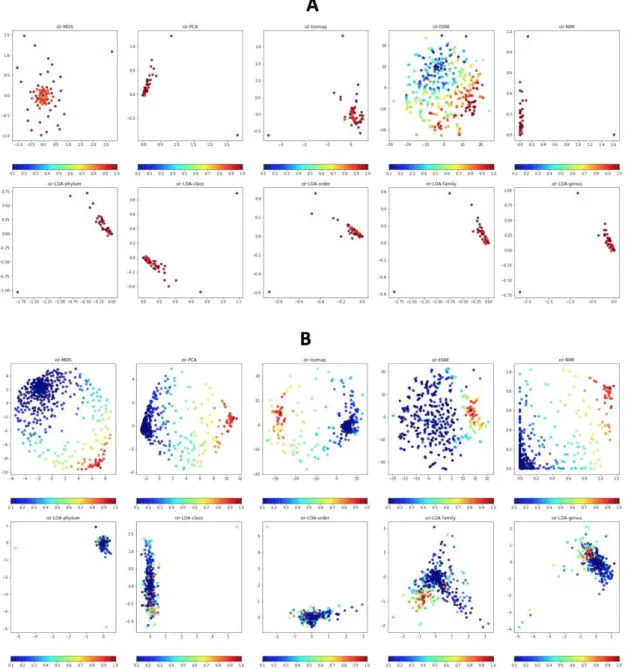 Figure III.10 Average abundance map of CIR dataset visualized by MDS, PCA, Isomap, t-SNE, NMF, and LDA with SPB (A) and QTF (B)