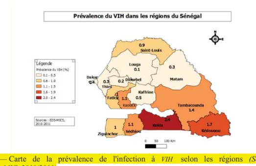 Fig.  3. — Carte  de  la  prévalence  de  l'infection  à  VIH selon  les  régions (Source : EDS_MIC_2010/2011)