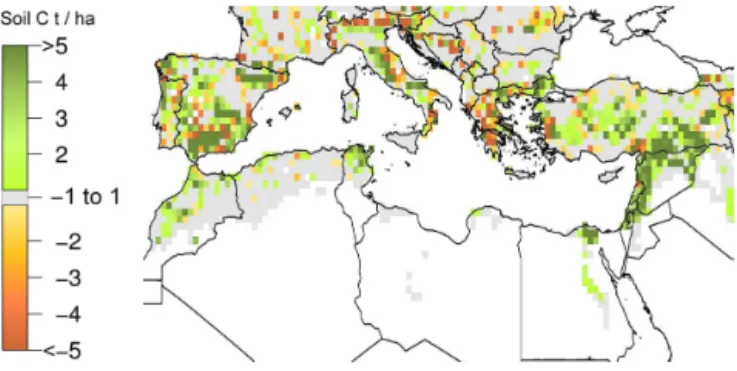 Figure 5. Difference in LPJmL-simulated soil organic carbon (aver- (aver-age 2000–2009) before and after the implementation of agricultural trees described in this study