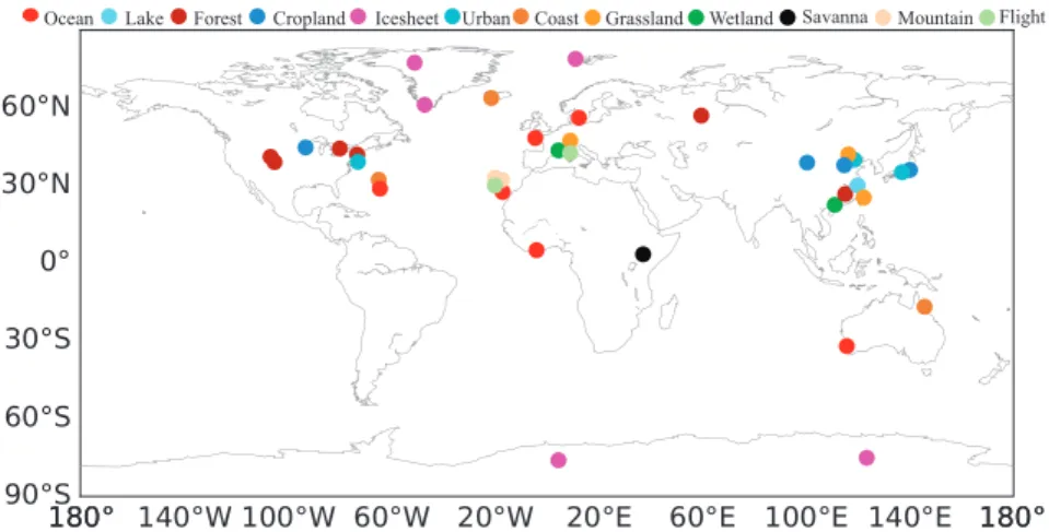 Figure 1. Map of measurement sites as of March 1, 2018. Initial point of ship cruises is marked as Ocean.