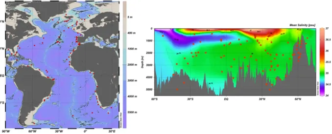 Fig. 1  Location of the 92 dated Atlantic sediment cores (see Online-only Table 1 for precise coordinates and  water depths of the cores)
