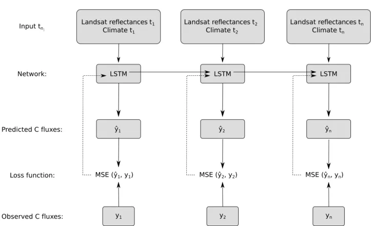 Fig 2. Flowchart of the proposed LSTM approach. Figure adapted from [61]. Each individual timestep is a monthly observation for the period 1982 to 2015