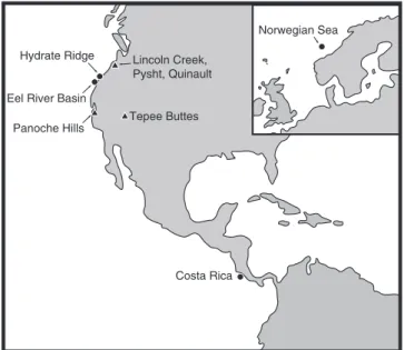 Figure 1 | Map of sample sites. Circles and triangles correspond to modern and ancient seep sites, respectively.