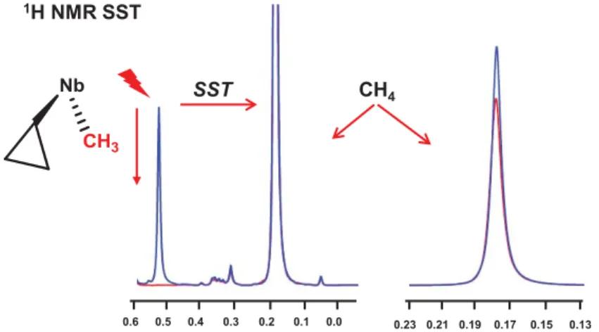 Figure 2.5. Irradiation of the Nb-CH 3  signal and decrease of the CH 4  peak intensity (10%)  after Spin Saturation Transfer