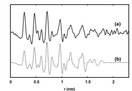 Figure 1.6: WAXS analysis of Rh NPs embedded in PVP polymer. Comparison between (a)  the experimental measurement of Rh/PVP NPs and (b) the theoretically calculated RDF of 