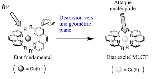 Figure 3 : Changement de géométrie induit par l’oxydation du cuivre d’un complexe de cuivre (I)  de la 1,10-phénanthroline 