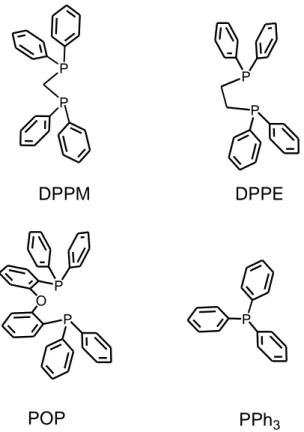 Figure 5 : Quelques ligands utilisés comme des unités P-P dans les complexes [Cu(NN)(PP)] + La diminution de l’angle P-Cu-P de 122,7° à 116,4° pour les complexes [Cu(dmp)(PPh 3 ) 2 ] + et [Cu(dmp)(POP)] +  respectivement, permet un accès plus facile au pié