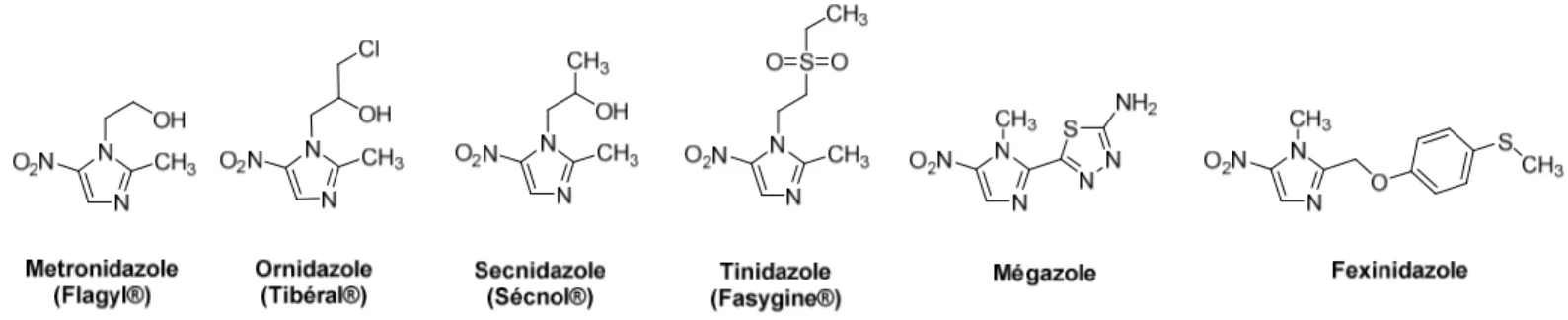Figure 39 : Structure des dérivés de 5-nitroimidazoles aux propriétés anti-infectieuses