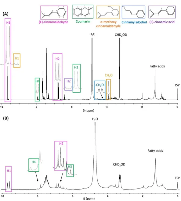 Fig II - 2. (A) HF and (B) LF  1 H NMR spectra of cinnamon food (sample 2) highlight  typical signals of the main components