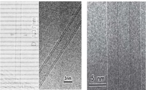 Fig. 1.3 - TEM images of three types of CNTs, from left to right are SWCNTs, DWCNTs and concentric-type MWCNTs,  respectively [4, 9, 10]