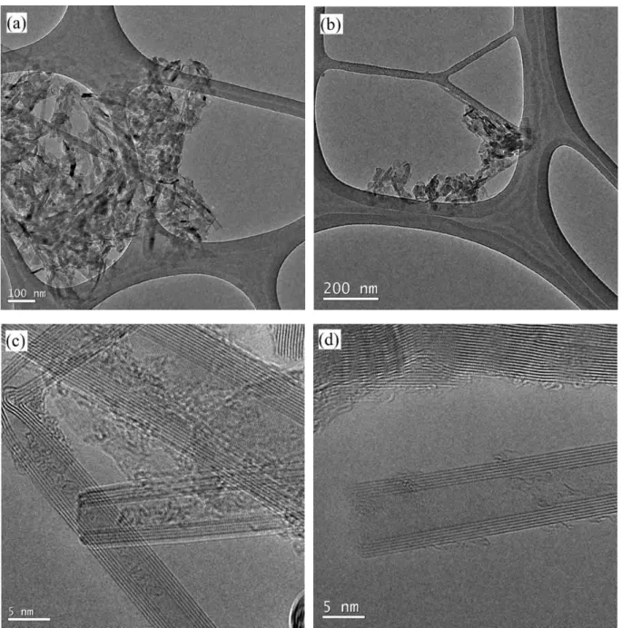 Fig. 2.12 - (a) and (b) TEM images of NiI 2 @BNNTs showing the destroyed network of BNNTs after filling; (c) and (d)  HRTEM images of some remaining BNNTS from the NiI 2 @BNNTs experiment showing that they are unfilled, even if  opened