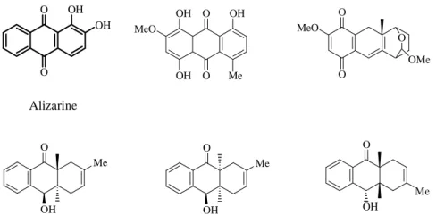 Figure 2.1 Alizarine et exemples de produits naturels dérivés de l’anthracène. 