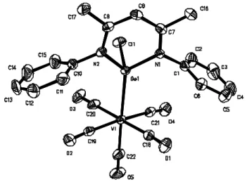 Figure 10 : Crystal structure of L 2 (Cl)GeW(CO) 5  (ellipsoids are  drawn 50% probability level)