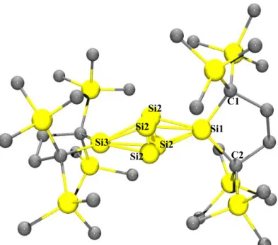 Figure I.9.  Molecular structure for 1,3-bis(1,1,4,4-tetrakis(trimethylsilyl)butane-1,4- 1,3-bis(1,1,4,4-tetrakis(trimethylsilyl)butane-1,4-diyl)trisilaallene [51] 