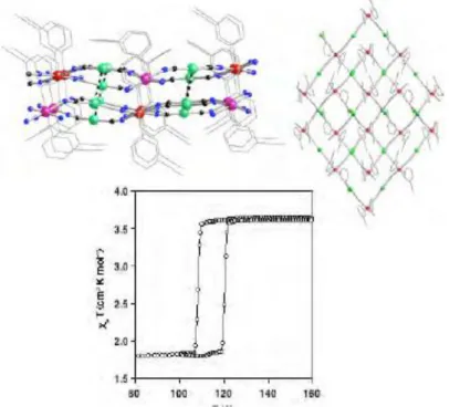 Figure A.2.2.7.-Vues d‟une bicouche du  composé {Fe(3-CNpy) 2 [Au(CN) 2 ] 2 } (en pointillé les interactions  Au···Au)  et  propriétés magnétiques