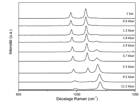 Figure B.1.7.2- Spectre Raman du composé Fe(bpac) 2 [Ag(CN) 2 ] 2  en fonction de la pression appliquée
