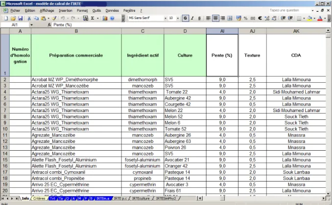 Figure  14.  Modèle  de  calcul  de  l’IRTE  des  phytosanitaires  du  territoire  de  la  Merja  Zerga  sous Excel (Source : Travail Ayadi H., 2012) 