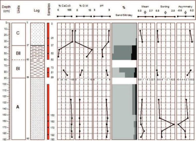Figure 18. Variation verticale des paramètres  de texture,  composition  et  unités  lithostratigraphiques de la carotte Wash C1.