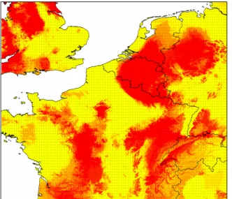 Figure  13  :  Carte  préliminaire  de  présence  potentielle du virus Puumala en Europe de l’Ouest  basée  sur  la  liste  des  points  d’occurrence  pour  la  période  de  1994  à  2004  et  avec  les  variables  environnementales et bioclimatiques