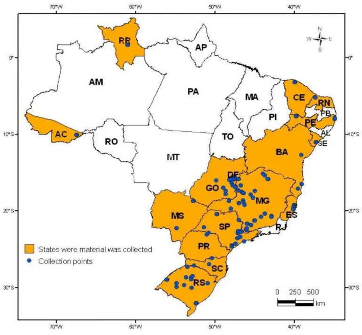 Figure 1. States and their respective sampling points for collecting tetranychid mites  in Brazil between October 2004 and July 2008