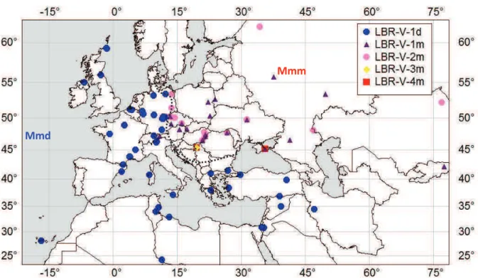 Fig.  1.  Distribution  of  samples  analyzed  in  this  study.  Blue  circles:  Mus  musculus  domesticus  (Mmd);  yellow  diamond,  red  squares,  violet  triangles  and  pink  circles:  M
