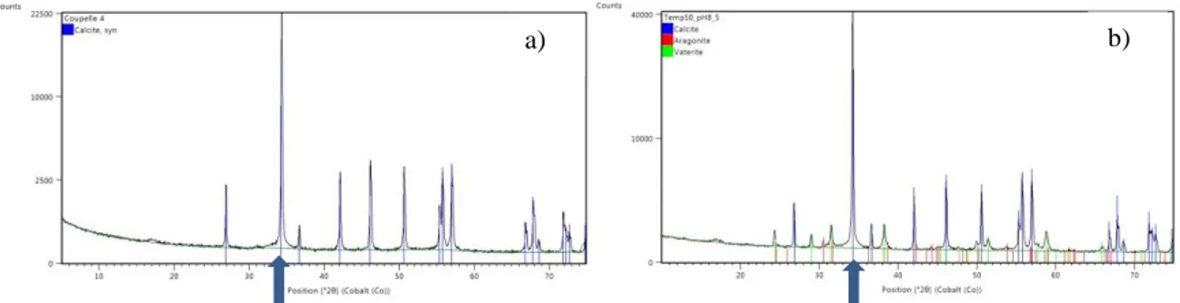 Figure  2:  XRD  pattern  of  the  precipitate.  Calcite  (blue  peaks)  are  observed  in  all  crystallized  samples