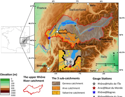 Table 1. Synthesis of the studied catchments and their associated gauge station. The colors refer to  the sub-catchment ones in Figure 1