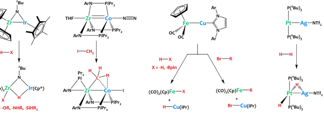 Figure 1. Representative heterobimetallic oxidative additions at metal-metal bonds. 