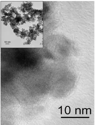 Figure 6. TEM (insert) and HRTEM images of platinum doped tin/tin oxide particles  after oxidation 