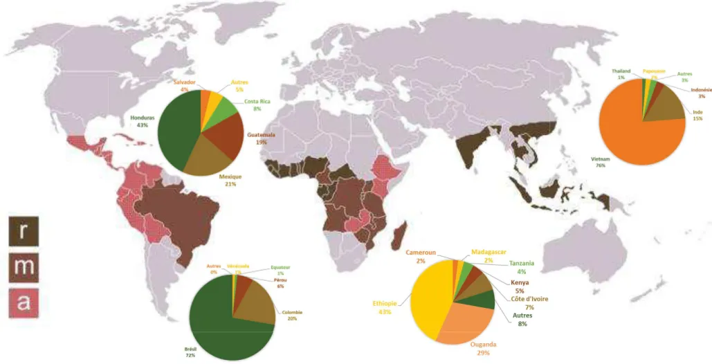 Figure 1 : Pays producteurs de café et leur production en 2018  Source : http://www.ico.org