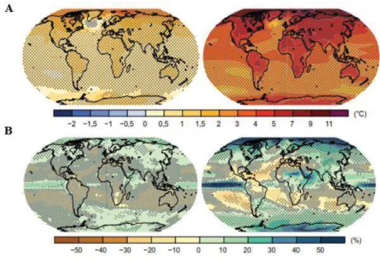 Figure 3 : Evolution de la température moyenne (A) et des précipitations moyennes (B) entre 1986-2005 et 2081-2100  Source : IPCC, 2014 