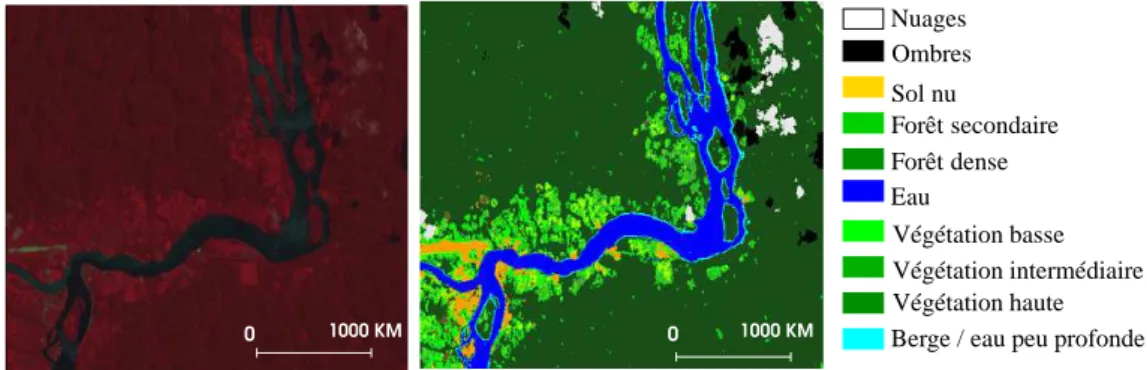 Figure I.5 – Exemple de carte d’occupation/usage du sol obtenue par classification basée pixel, avec, à gauche : une image SPOT5 (©CNES/SPOT Image - Projet SEAS-Guyane) à 10 mètres de résolution spatiale, acquise en août 2006 dans la région de Camopi, à la