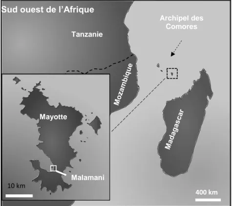 Figure 1 : Localisation  de  l’île  de  Mayotte  dans  le  canal  du  Mozambique,   sud-ouest  de  l’Océan  Indien