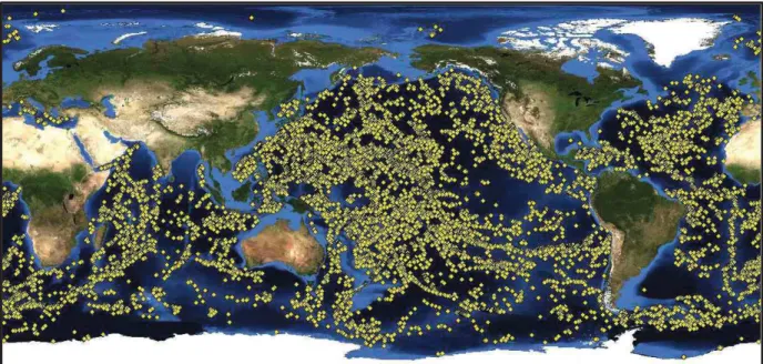 Figure 1.1 Estimated global distribution of large seamounts with an elevation &gt;1500 m (yellow  diamond symbols) based on data described in Kitchingman &amp; Lai, 2004 (Source: Clark, 2009).