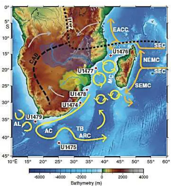Figure 2.3 Schematic diagram of major surface currents (yellow and orange arrows) in the  SWIO, labelled AC  (Agulhas Current), SEC  (South Equatorial Current), SEMC (South East  Madagascar Current), NEMC (North East Madagascar Current), EACC (East Africa 