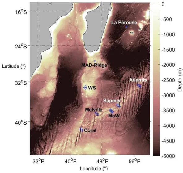 Figure 2.13 Seamounts being the focus of dedicated research cruises from 1964 to 2017: La  Pérouse- in the Mascarene Basin;  MAD-Ridge-  along  the Madagascar Ridge;  WS-  Walters  Shoal at the southern tip of the Madagascar Ridge; Atlantis, Sapmer, MoW-Mi