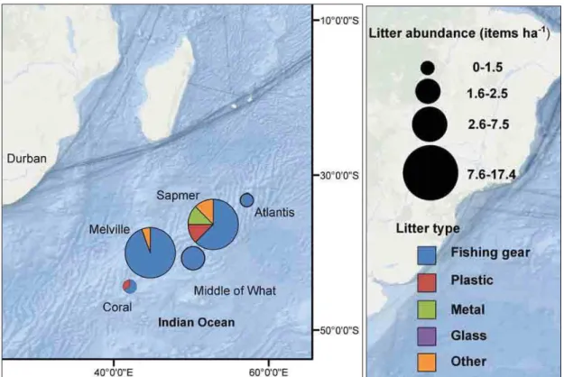 Figure  2.14  Benthic  litter  densities  (items  ha -1 )  and  composition,  observed  by  remotely  operated vehicle video systems, for seamounts of the SWIR [Source: adapted from Woodall et  al., 2015]