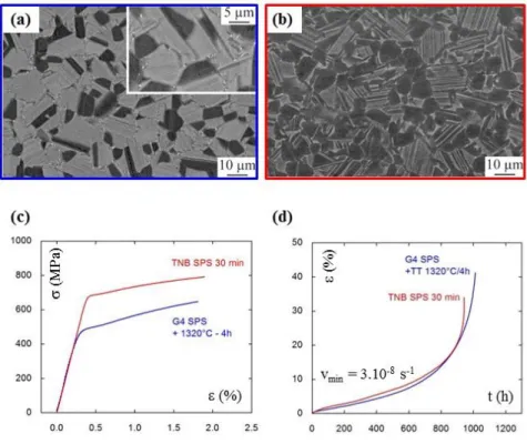 Fig. 3. Microstructures (a-b) and mechanical properties (c-d) of G4 and TNB alloys densified by  SPS