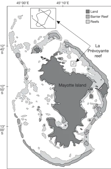 Fig. 1. Mayotte Island and localization of the reef of La Prévoyante. The 2 reef transects measured during this  experi-ment are represented in the inset (1: sandy-bottom transect; 