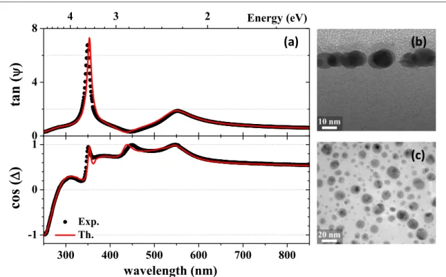 Figure 7. ( a ) ellipsometric spectra as recorded experimentally ( dots ) and as obtained from modelling ( red line ) , and ( b ) XS-TEM and ( c ) PV-TEM Bright Field images of the plasma deposited sample S2.