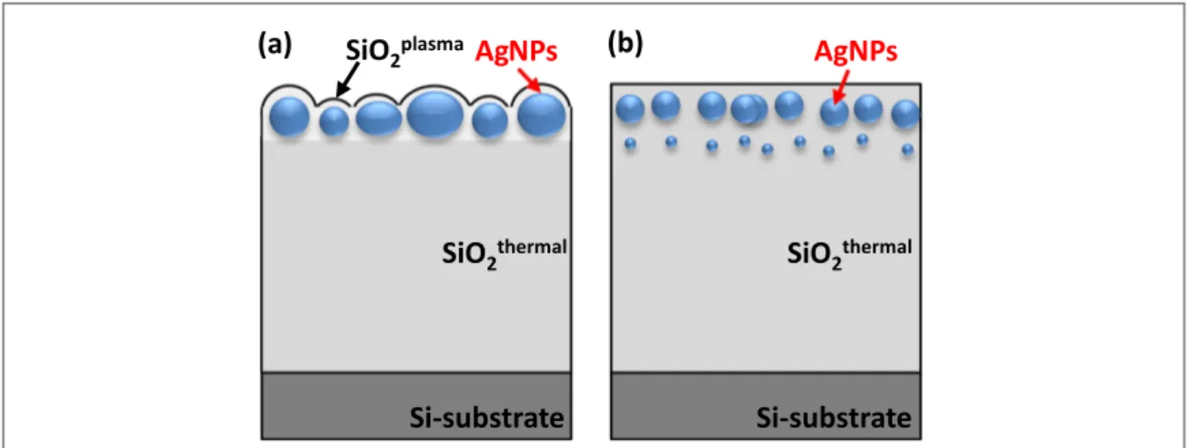 Figure 1. Schematic representation of the studied plasmonic structures prepared by: ( a ) RF-diode sputtering followed by PECVD and ( b ) LE-IBS.
