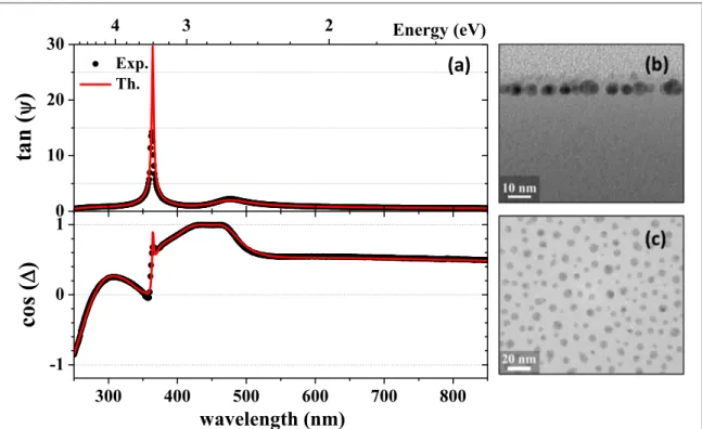 Figure 5. ( a ) ellipsometric spectra as recorded experimentally ( dots ) and as obtained from modelling ( red line ) , and ( b ) XS-TEM and ( c ) PV-TEM Bright Field images of the plasma deposited sample S1.