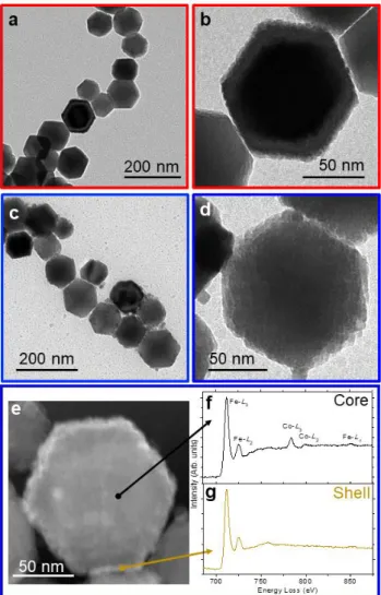 Figure 2. Low and high magnification TEM images of cobalt ferrite nanocrystals with thinner  (CFO@FO1, in red, a and b) and thicker (CFO@FO3 in blue, c and d) magnetite shells