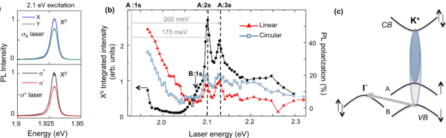 FIG. 2. Sample 2. (a) Polarization-resolved photoluminescence at T = 4 K following linear (top) and circular (bottom) excitation at 2.1 eV, exhibiting efficient valley coherence and valley initialization, respectively