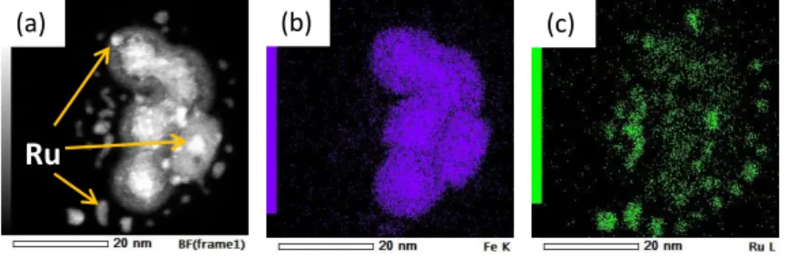Figure 2. (a) STEM-HAADF (High angle annular dark field) image of NPs 1 and (b-c) EDX  mapping of NPs 1 showing the elements (b) Fe and (c) Ru