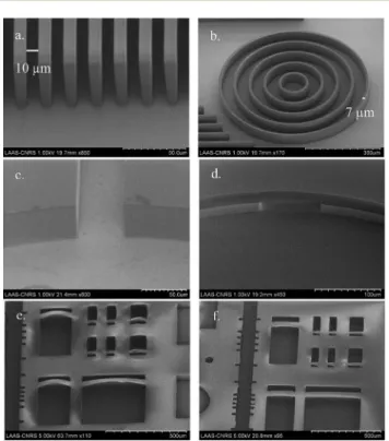 Fig. 2 SEM images of DF-1050 of (a) opened structure (obtained with an exposure dose of 290 mJ cm 2 and 7 min at 100  C) and (b) free standing structures (obtained with an exposure dose of 310 mJ cm 2 and 8 min at 100  C)
