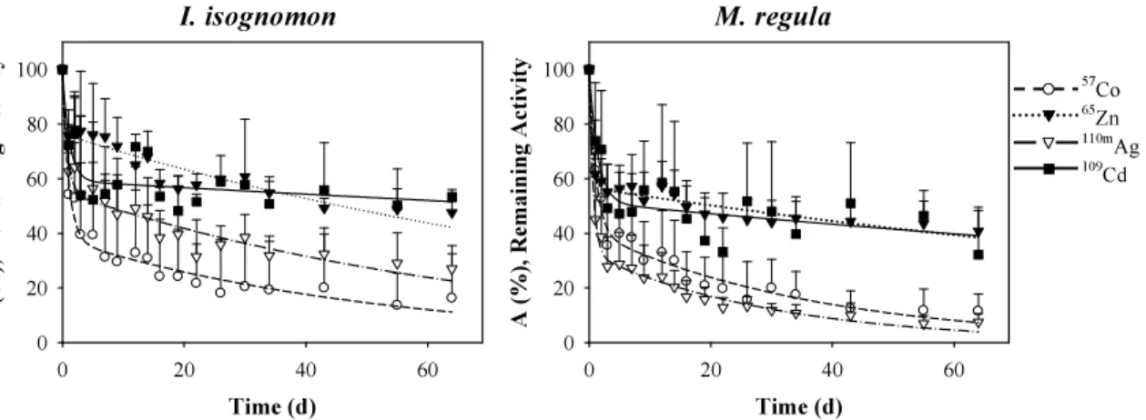 Figure  2.  Loss  kinetics  of  57 Co,  65 Zn,  109 Cd  and  110m Ag in  the  oysters  Isognomon  isognomon and  Malleus regula after a 2-hr feeding on radiolabelled  Isochrysis galbana  (Remaining activity -%-; mean ± SD; n = 3 I