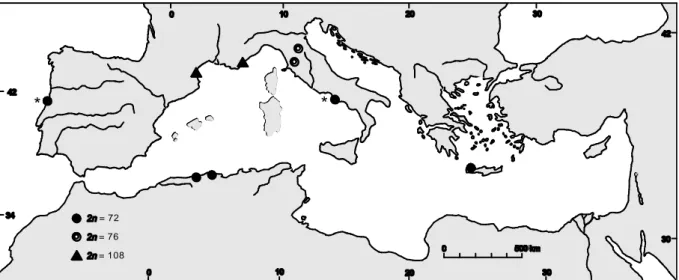 Figure  6.  Distribution géographique exhaustive des cytotypes connus d’Arundo plinii s.l