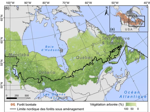 Figure 1. Localisation de (a) la forêt boréale au Canada (en brun) et (b) de la limite nordique des forêts sous aménagement (ligne noire, combinaison de McKenney et al